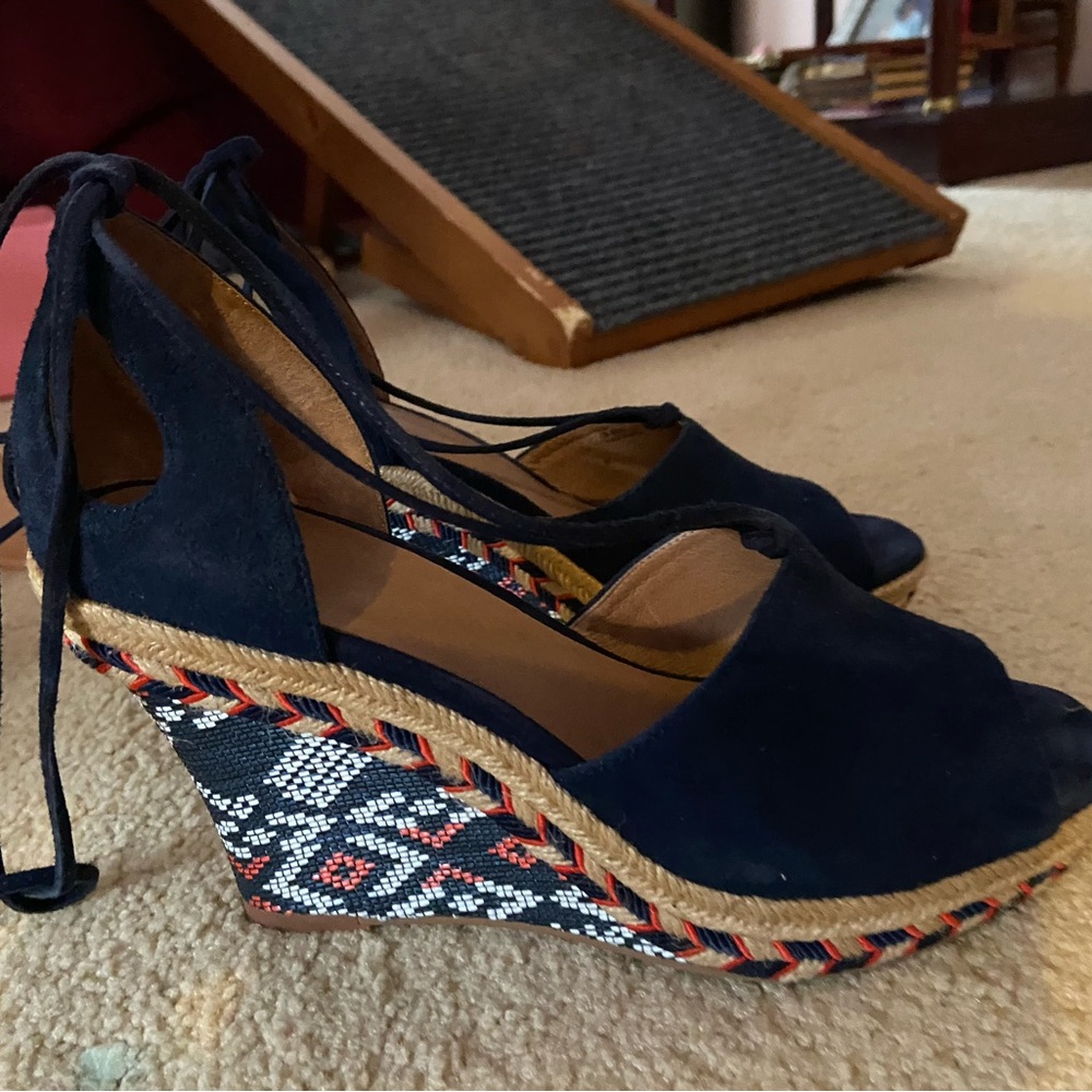 CAbi Blue Platform Wedge Sandals with Ankle Strap